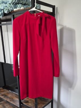 Calvin Klein Red Long-Sleeve Tie-Neck Shift Dress
